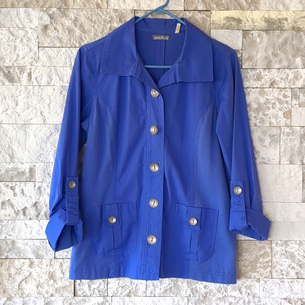Natalie & Me Weekend 90s Cotton Boho Jacket Top Small Blue Violet Silver Buttons